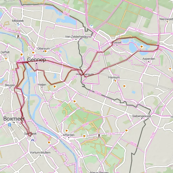 Map miniature of "Gennep and Viller Mühle Gravel Loop" cycling inspiration in Noord-Brabant, Netherlands. Generated by Tarmacs.app cycling route planner