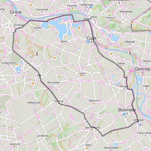 Map miniature of "Ledeacker and Mill Road Tour" cycling inspiration in Noord-Brabant, Netherlands. Generated by Tarmacs.app cycling route planner