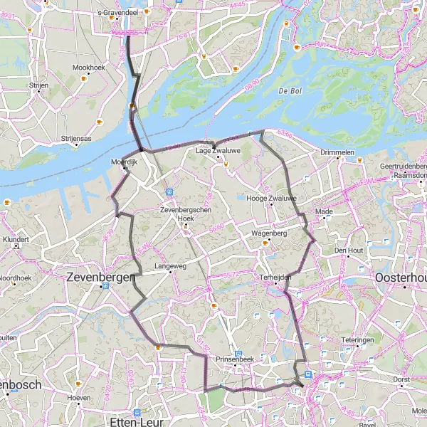Map miniature of "Riverside Adventure" cycling inspiration in Noord-Brabant, Netherlands. Generated by Tarmacs.app cycling route planner