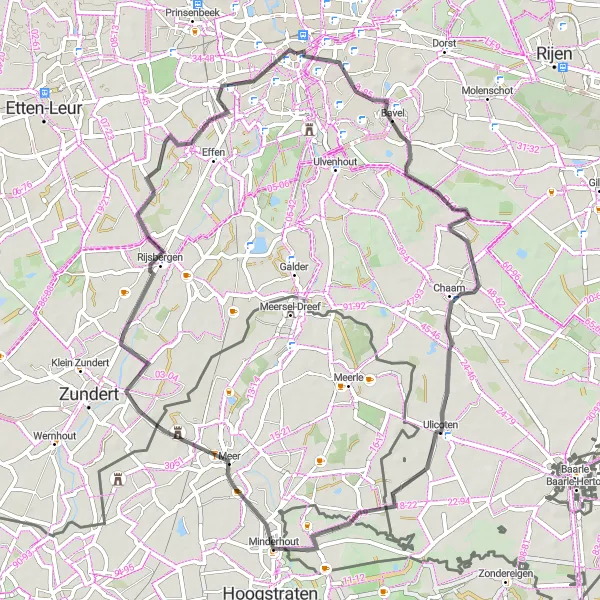 Miniatuurkaart van de fietsinspiratie "Roadtrip naar Ulicoten en Minderhout" in Noord-Brabant, Netherlands. Gemaakt door de Tarmacs.app fietsrouteplanner