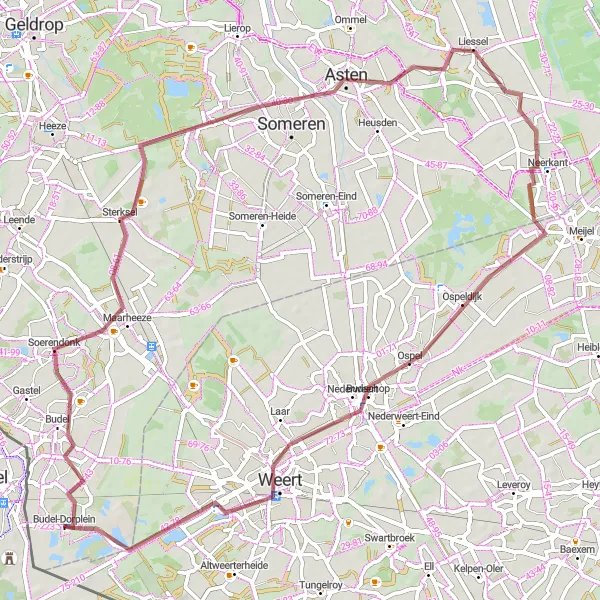 Miniatuurkaart van de fietsinspiratie "Avontuurlijke tocht door Cranendonck" in Noord-Brabant, Netherlands. Gemaakt door de Tarmacs.app fietsrouteplanner