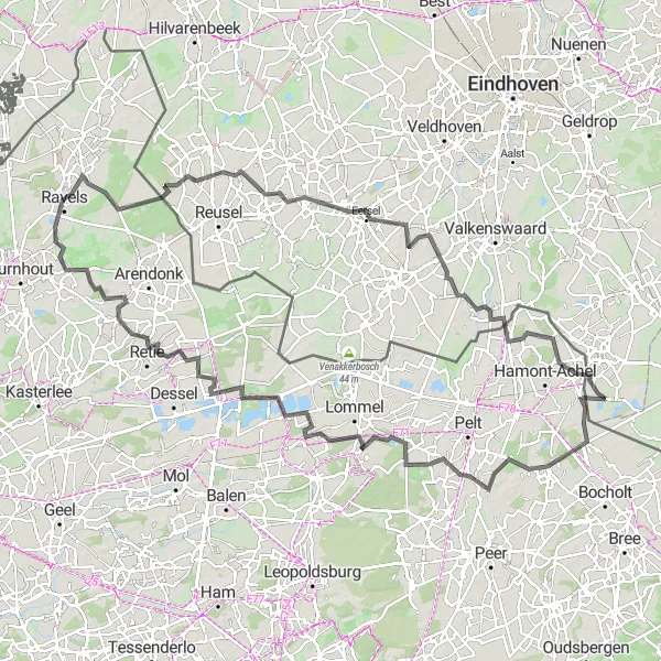 Miniatuurkaart van de fietsinspiratie "Fietsroute Blauwe Kei-Retie-Kijktoren-Ravels-Hooge Mierde-Duizel-Riethoven-Budel-Schoot" in Noord-Brabant, Netherlands. Gemaakt door de Tarmacs.app fietsrouteplanner