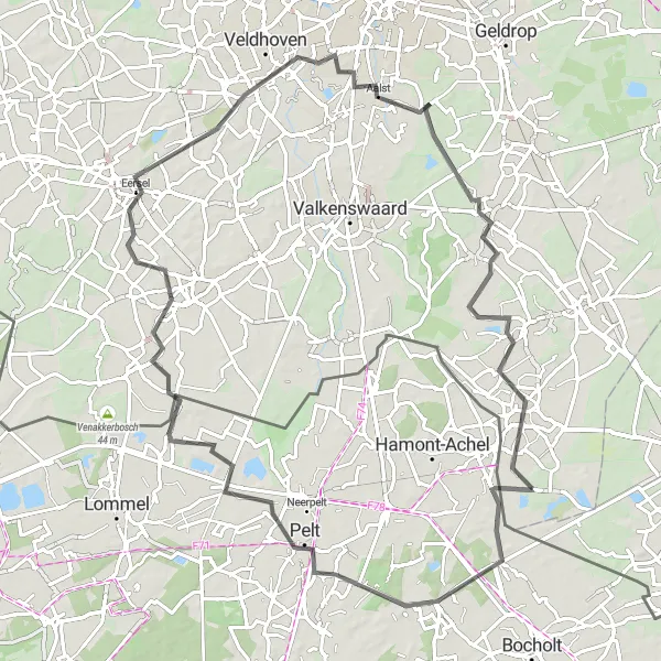 Map miniature of "Overpelt Road Adventure" cycling inspiration in Noord-Brabant, Netherlands. Generated by Tarmacs.app cycling route planner