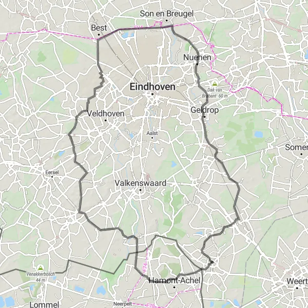 Map miniature of "Scenic Road Cycling in Brabant" cycling inspiration in Noord-Brabant, Netherlands. Generated by Tarmacs.app cycling route planner