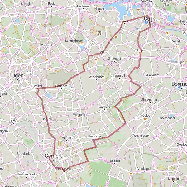 Miniatuurkaart van de fietsinspiratie "Gravelavontuur van Cuijk naar Mill" in Noord-Brabant, Netherlands. Gemaakt door de Tarmacs.app fietsrouteplanner