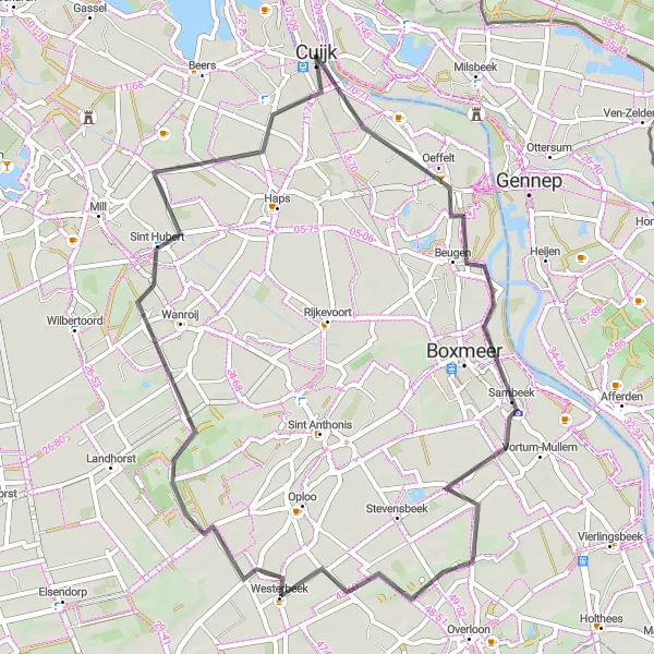 Miniatuurkaart van de fietsinspiratie "Ontdekkingstocht langs Maas en heide van Cuijk naar Vianen" in Noord-Brabant, Netherlands. Gemaakt door de Tarmacs.app fietsrouteplanner