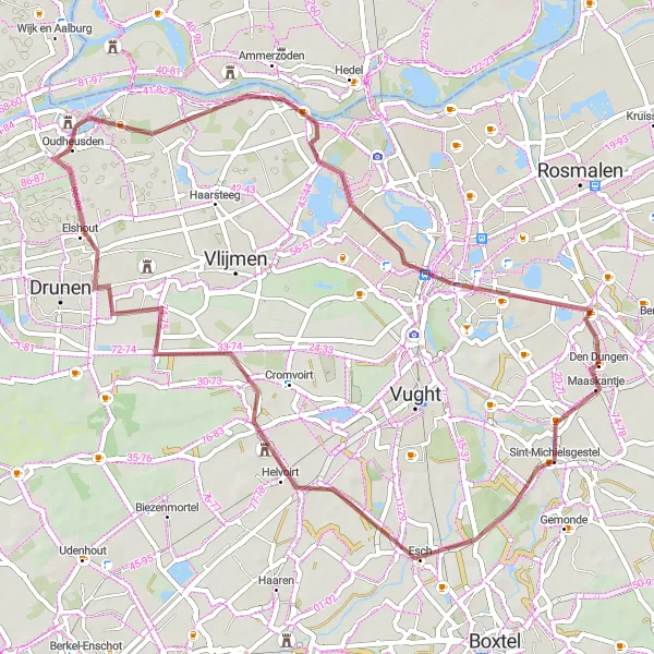 Map miniature of "Nature and Heritage: Gravel Ride to Esch" cycling inspiration in Noord-Brabant, Netherlands. Generated by Tarmacs.app cycling route planner