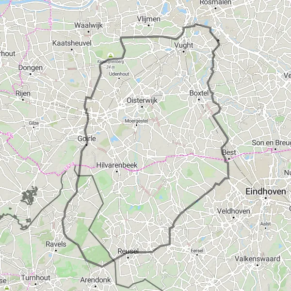 Map miniature of "Den Dungen to 's-Hertogenbosch and Beyond" cycling inspiration in Noord-Brabant, Netherlands. Generated by Tarmacs.app cycling route planner