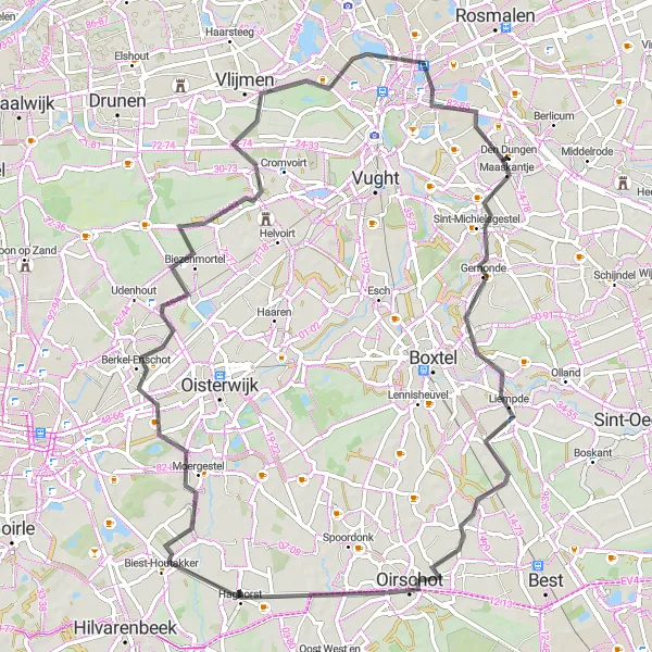 Miniatuurkaart van de fietsinspiratie "Rondrit langs Liempde en Oirschot" in Noord-Brabant, Netherlands. Gemaakt door de Tarmacs.app fietsrouteplanner