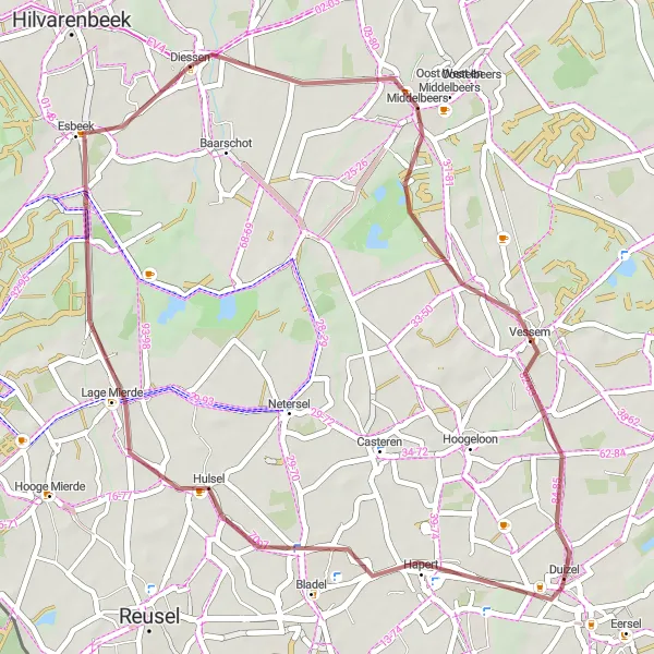 Miniatuurkaart van de fietsinspiratie "Gravel rond Diessen" in Noord-Brabant, Netherlands. Gemaakt door de Tarmacs.app fietsrouteplanner