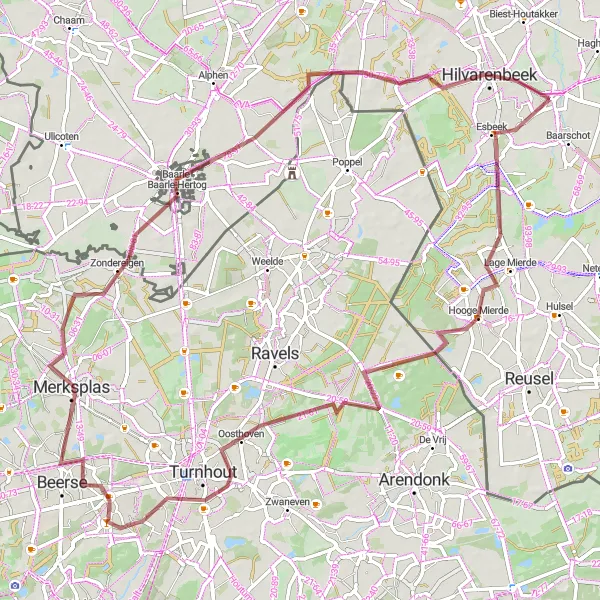 Miniatuurkaart van de fietsinspiratie "Rondrit Hooge Mierde - Diessen" in Noord-Brabant, Netherlands. Gemaakt door de Tarmacs.app fietsrouteplanner