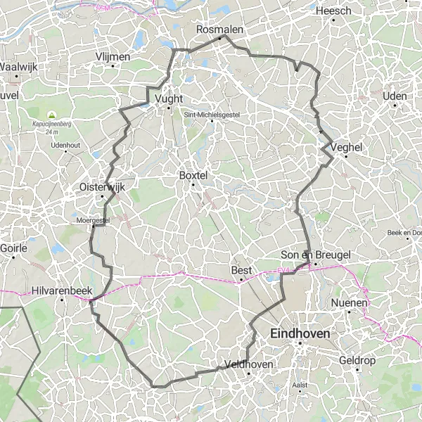 Map miniature of "The Rural Moergestel" cycling inspiration in Noord-Brabant, Netherlands. Generated by Tarmacs.app cycling route planner