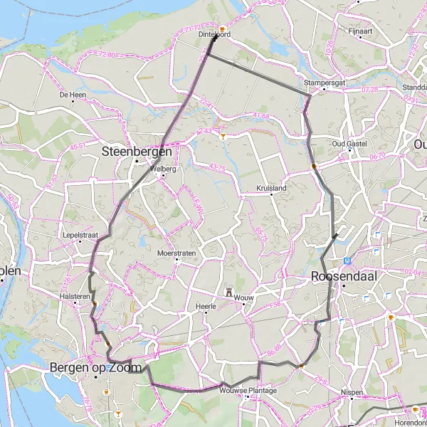 Map miniature of "Roosendaal Exploration" cycling inspiration in Noord-Brabant, Netherlands. Generated by Tarmacs.app cycling route planner