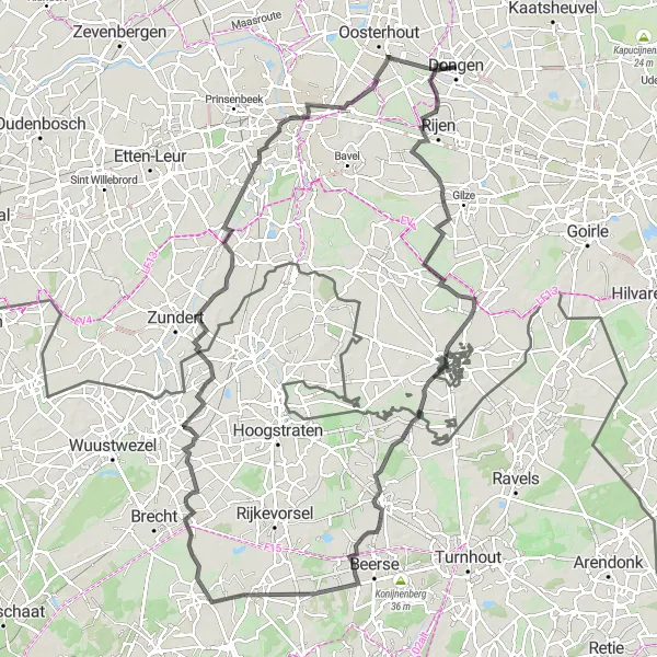 Map miniature of "Historical Tour" cycling inspiration in Noord-Brabant, Netherlands. Generated by Tarmacs.app cycling route planner