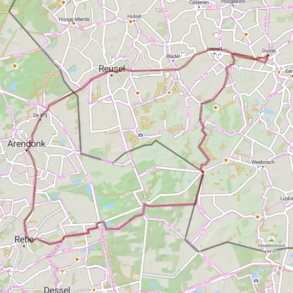 Map miniature of "Duizel-Postel-Arendonk-Reusel-Hapert Route" cycling inspiration in Noord-Brabant, Netherlands. Generated by Tarmacs.app cycling route planner