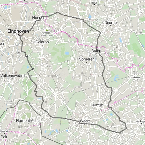 Miniatuurkaart van de fietsinspiratie "Lange fietstocht door Noord-Brabant" in Noord-Brabant, Netherlands. Gemaakt door de Tarmacs.app fietsrouteplanner