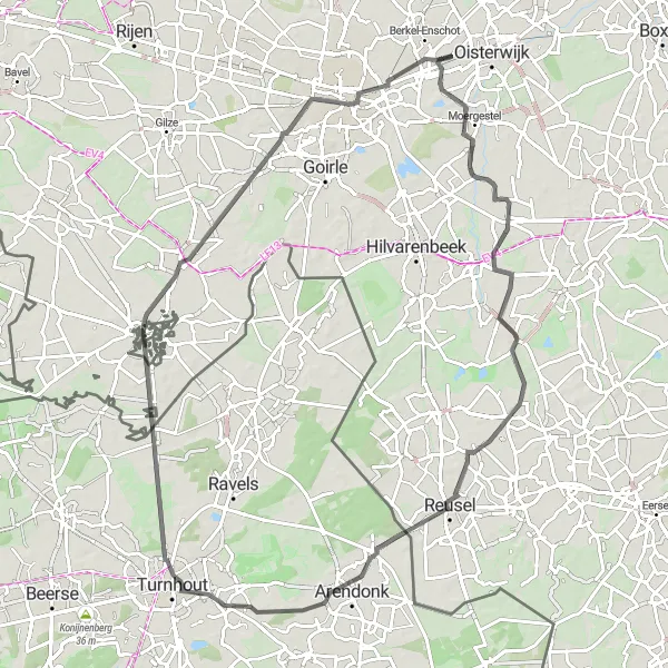 Map miniature of "Scenic Road Cycling near Enschot" cycling inspiration in Noord-Brabant, Netherlands. Generated by Tarmacs.app cycling route planner