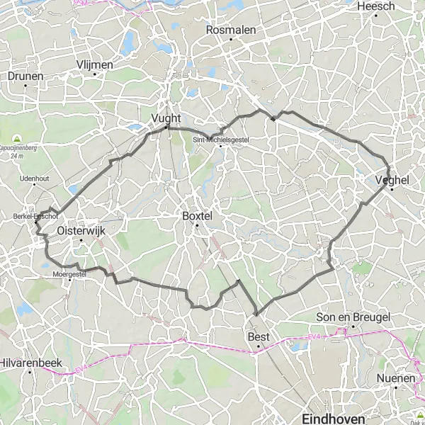 Map miniature of "The Scenic Road Ride" cycling inspiration in Noord-Brabant, Netherlands. Generated by Tarmacs.app cycling route planner