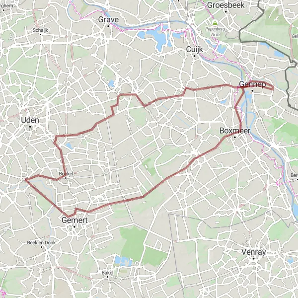 Map miniature of "Volkel to Gemert Gravel Route" cycling inspiration in Noord-Brabant, Netherlands. Generated by Tarmacs.app cycling route planner