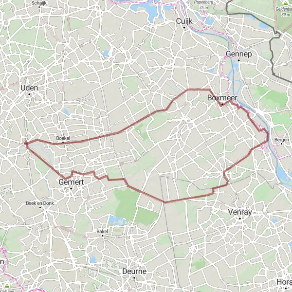 Miniatuurkaart van de fietsinspiratie "Avontuurlijke gravelroute langs Gemert en Overloon" in Noord-Brabant, Netherlands. Gemaakt door de Tarmacs.app fietsrouteplanner