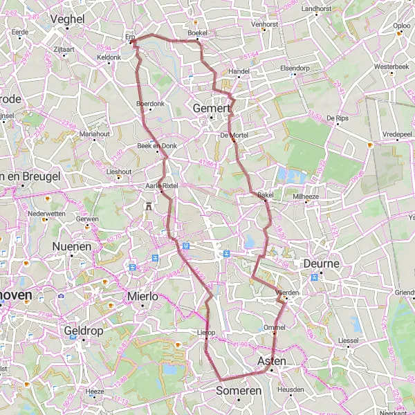 Miniatuurkaart van de fietsinspiratie "Gravelroute door De Peel en Deurne" in Noord-Brabant, Netherlands. Gemaakt door de Tarmacs.app fietsrouteplanner