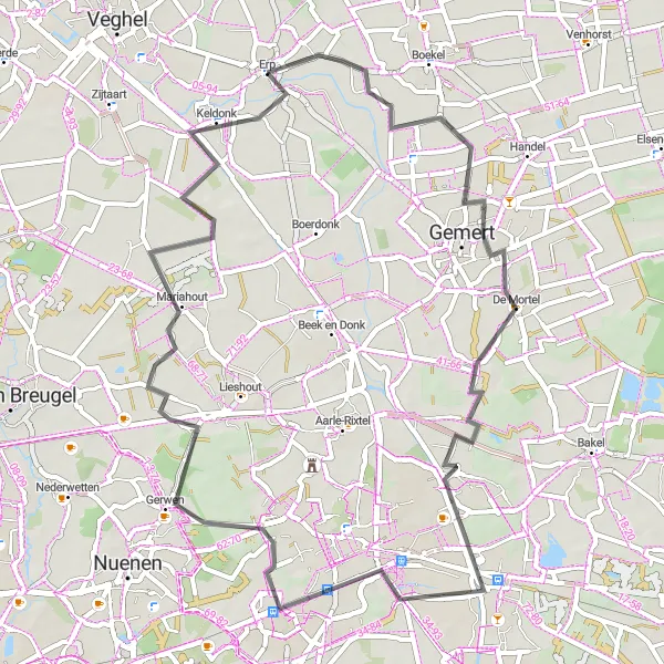 Map miniature of "Erp to Keldonk Road Route" cycling inspiration in Noord-Brabant, Netherlands. Generated by Tarmacs.app cycling route planner