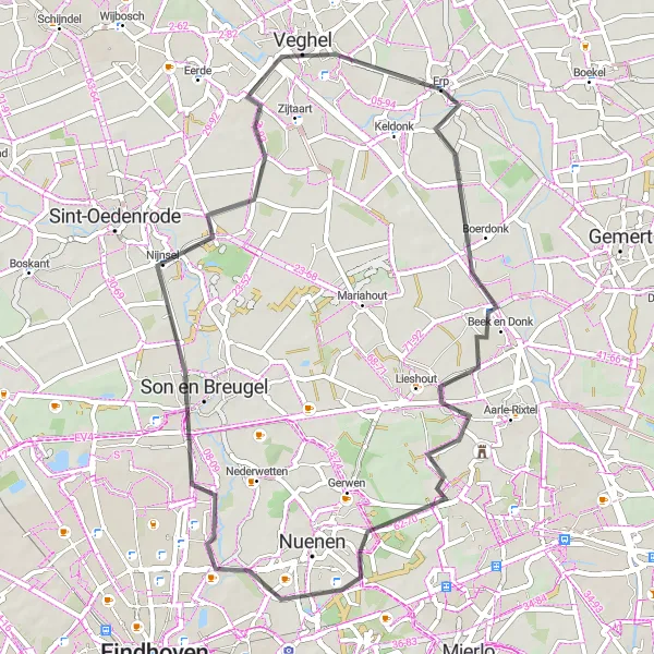 Map miniature of "Beek en Donk to Veghel Route" cycling inspiration in Noord-Brabant, Netherlands. Generated by Tarmacs.app cycling route planner
