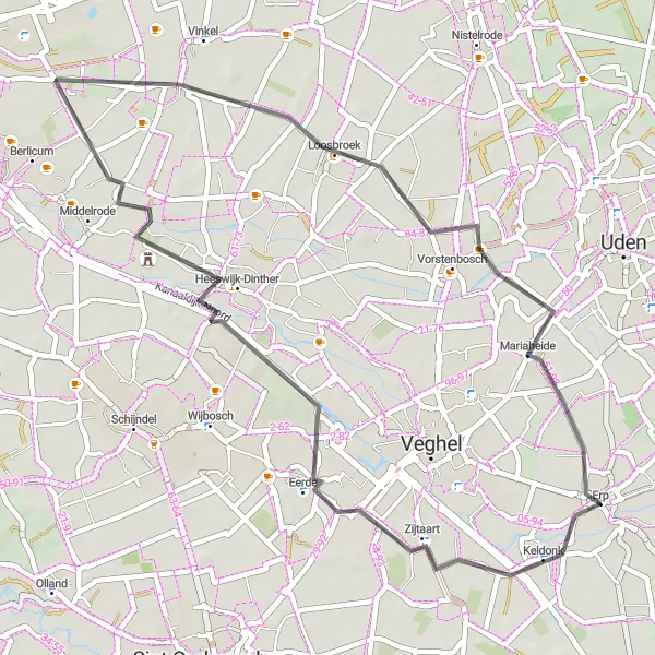 Miniatuurkaart van de fietsinspiratie "Keldonk en Kaathoven Road Route" in Noord-Brabant, Netherlands. Gemaakt door de Tarmacs.app fietsrouteplanner