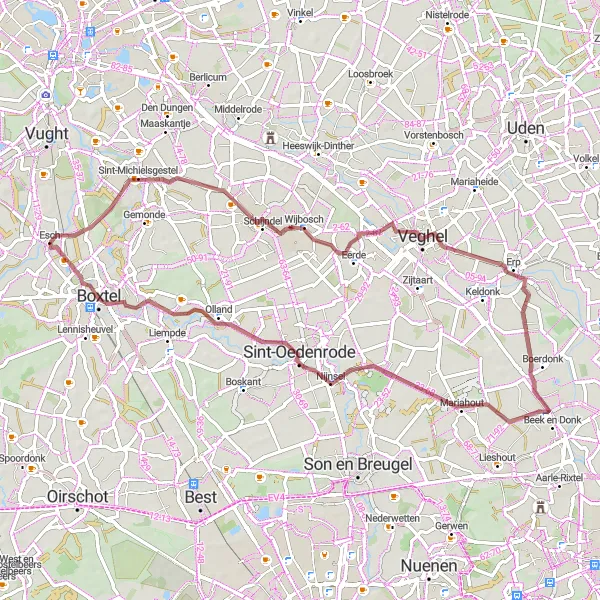 Map miniature of "Gravel Riding Escapade: Natural Beauty and Charming Villages" cycling inspiration in Noord-Brabant, Netherlands. Generated by Tarmacs.app cycling route planner