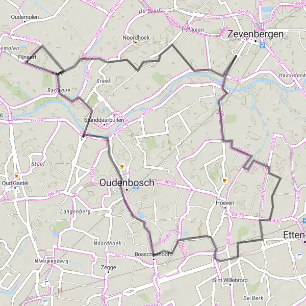 Miniatuurkaart van de fietsinspiratie "Fietsroute vanuit Fijnaart via Bosschenhoofd en Standdaarbuiten" in Noord-Brabant, Netherlands. Gemaakt door de Tarmacs.app fietsrouteplanner