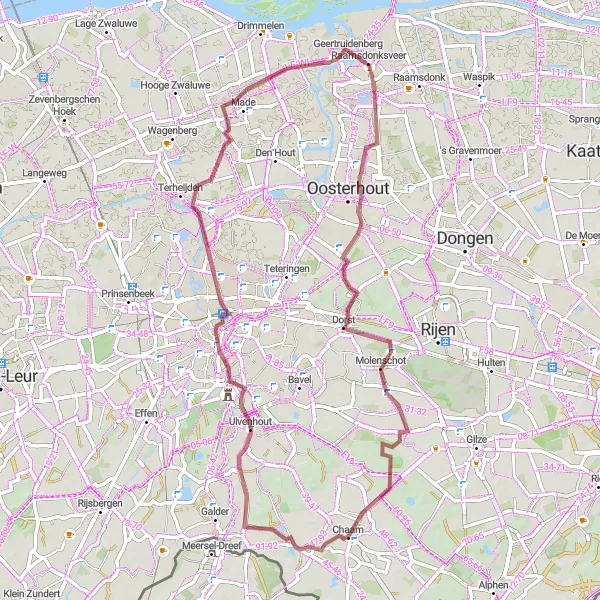 Map miniature of "Gravel and Windmills" cycling inspiration in Noord-Brabant, Netherlands. Generated by Tarmacs.app cycling route planner
