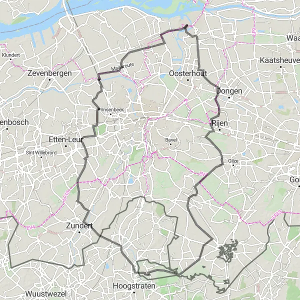 Miniatuurkaart van de fietsinspiratie "Langs Oosteind en Minderhout" in Noord-Brabant, Netherlands. Gemaakt door de Tarmacs.app fietsrouteplanner
