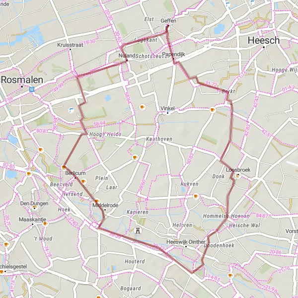 Map miniature of "The Gravel Hideaway of Geffen" cycling inspiration in Noord-Brabant, Netherlands. Generated by Tarmacs.app cycling route planner