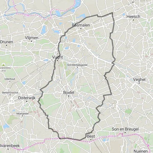 Map miniature of "Woeste Stilte Ride" cycling inspiration in Noord-Brabant, Netherlands. Generated by Tarmacs.app cycling route planner