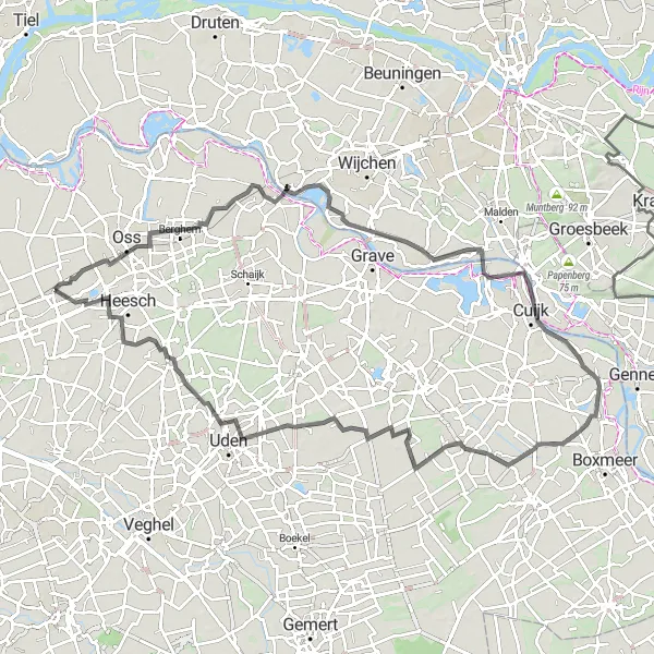 Map miniature of "Overasselt and Wanroij Loop" cycling inspiration in Noord-Brabant, Netherlands. Generated by Tarmacs.app cycling route planner