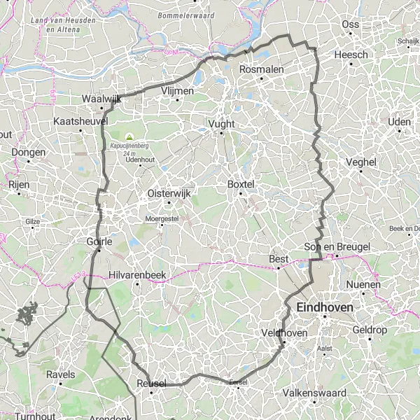 Map miniature of "The Ultimate Brabant Road Challenge" cycling inspiration in Noord-Brabant, Netherlands. Generated by Tarmacs.app cycling route planner