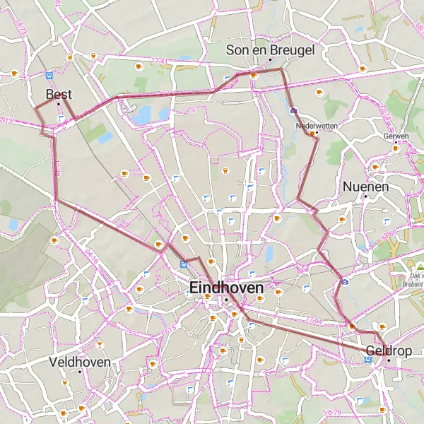Miniatuurkaart van de fietsinspiratie "Gravel route door Eindhoven en Best" in Noord-Brabant, Netherlands. Gemaakt door de Tarmacs.app fietsrouteplanner