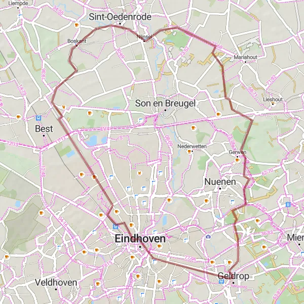 Map miniature of "Eindhoven and Kasteel Geldrop Gravel Loop" cycling inspiration in Noord-Brabant, Netherlands. Generated by Tarmacs.app cycling route planner