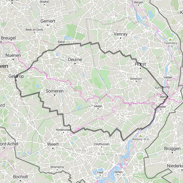 Miniatuurkaart van de fietsinspiratie "Epische fietstocht door Noord-Brabant en Limburg" in Noord-Brabant, Netherlands. Gemaakt door de Tarmacs.app fietsrouteplanner