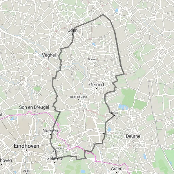 Miniatuurkaart van de fietsinspiratie "Door de natuur van Nuenen naar Trimpert" in Noord-Brabant, Netherlands. Gemaakt door de Tarmacs.app fietsrouteplanner