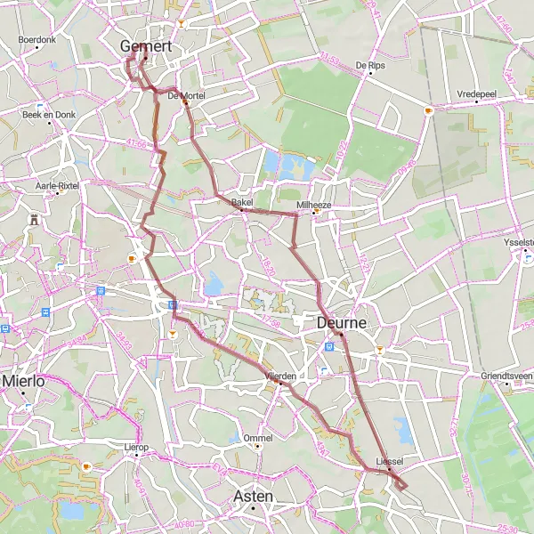 Map miniature of "Countryside Beauty: Liessel and Vlierden Gravel Route" cycling inspiration in Noord-Brabant, Netherlands. Generated by Tarmacs.app cycling route planner