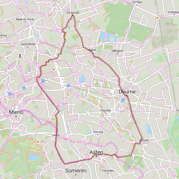 Map miniature of "Explore Helmond: Vreekwijk and De Mortel Gravel Route" cycling inspiration in Noord-Brabant, Netherlands. Generated by Tarmacs.app cycling route planner