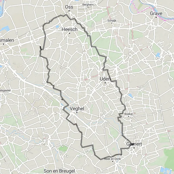 Map miniature of "Explore Gemert and Beyond: Donkersvoort and Biesthoek Road Route" cycling inspiration in Noord-Brabant, Netherlands. Generated by Tarmacs.app cycling route planner