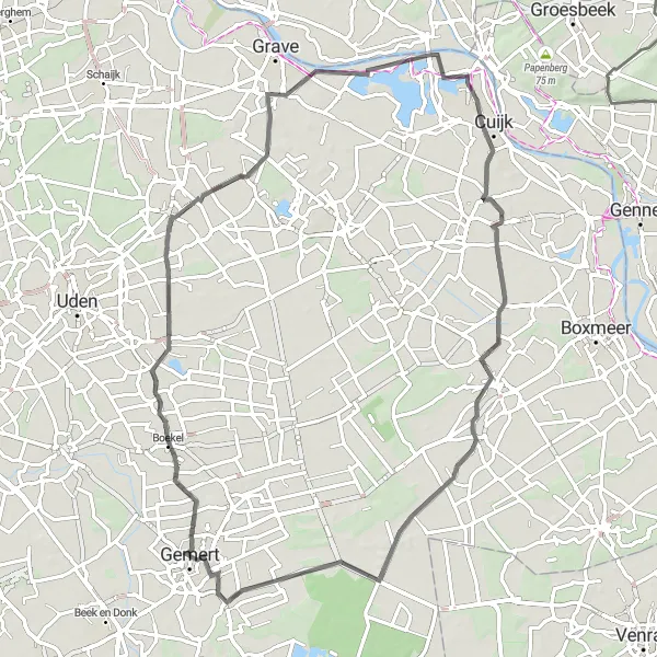 Miniatuurkaart van de fietsinspiratie "Rondje langs Oosterens en Cuijk" in Noord-Brabant, Netherlands. Gemaakt door de Tarmacs.app fietsrouteplanner