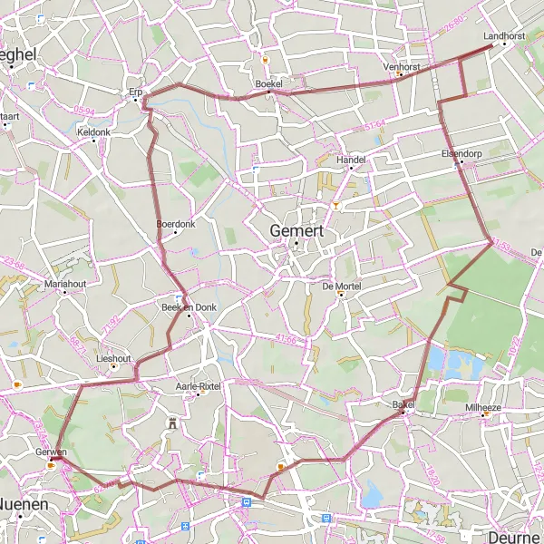 Miniatuurkaart van de fietsinspiratie "Gravel Cycling Noord-Brabant en Limburg" in Noord-Brabant, Netherlands. Gemaakt door de Tarmacs.app fietsrouteplanner