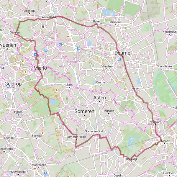 Map miniature of "Gravel route around Gerwen via Bakel and Uitzichttoren Groote Peel" cycling inspiration in Noord-Brabant, Netherlands. Generated by Tarmacs.app cycling route planner