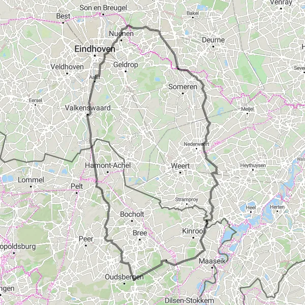 Map miniature of "Road Cycling Adventure in Noord-Brabant" cycling inspiration in Noord-Brabant, Netherlands. Generated by Tarmacs.app cycling route planner
