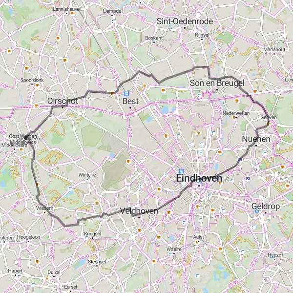 Map miniature of "Road cycling route from Gerwen through Opwetten and Zandoerle" cycling inspiration in Noord-Brabant, Netherlands. Generated by Tarmacs.app cycling route planner