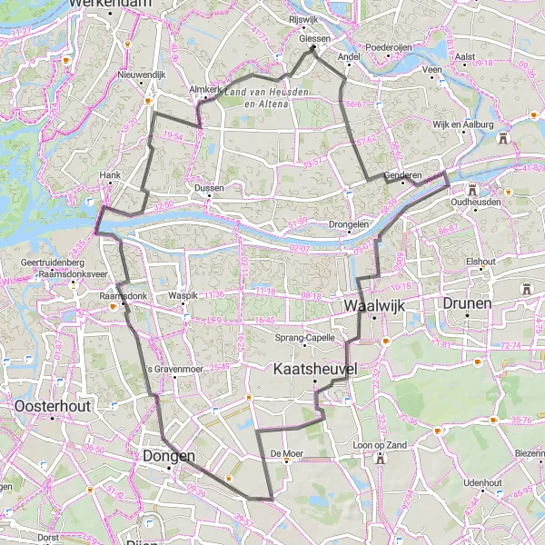 Map miniature of "Genderen to Raamsdonk Scenic Cycling Tour" cycling inspiration in Noord-Brabant, Netherlands. Generated by Tarmacs.app cycling route planner