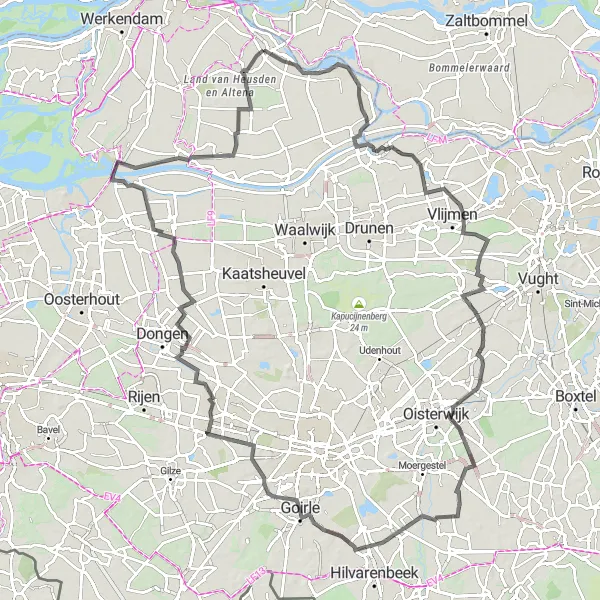 Map miniature of "Breathtaking Views of Maas en Waal" cycling inspiration in Noord-Brabant, Netherlands. Generated by Tarmacs.app cycling route planner